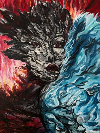 The gray, cracked face of a woman with red eyes and lips between red flames and blue waves of water.