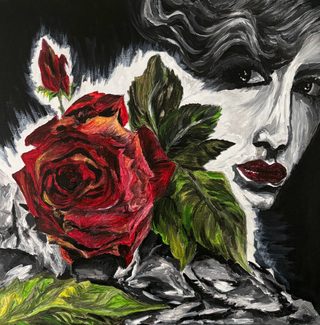 Black and white face of a woman with red lips next to a large red rose, bud and green leaves, on a dark background.
