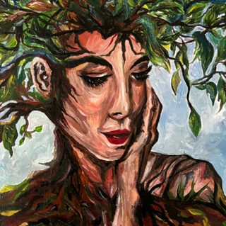 A woman with her eyes closed rests her cheek on her hand; her hair flows into branches with leaves against the bright sky.
