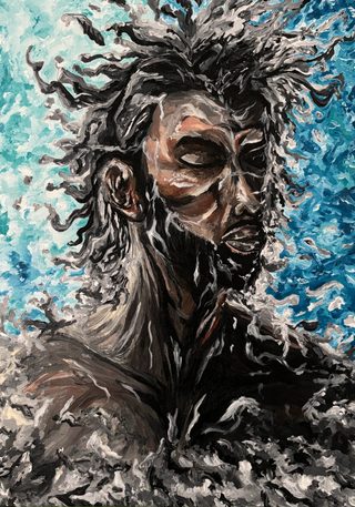A bearded man with closed eyes and wet, flowing hair among splashing water, turquoise-blue background.