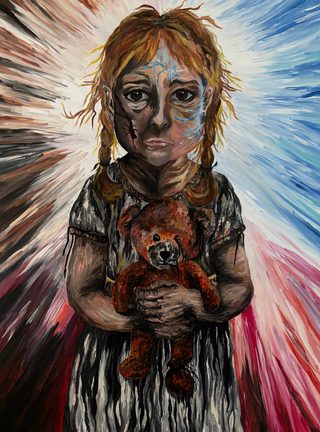 A girl with light braids and sad eyes, with a partially cracked blue face, hugs a damaged teddy bear.