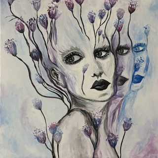The pale face of a woman with black lips and two fading purple-blue reflections of herself; purple flowers grow from her head.