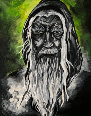An old man in a hood, with a long white beard and green eyes, painted in black and white on a green background.