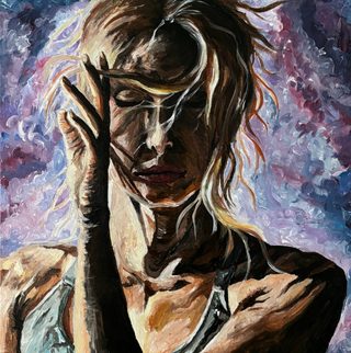 A woman with closed eyes and flowing blond hair, with her hand to her forehead, against a background of purple and blue swirls.