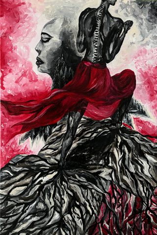 A gray woman's face in profile with her eyes closed, next to her dark, bare back; red fabric over black and white roots.