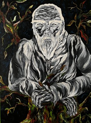 A black and white old man with a white beard leans against gnarled branches and holds a branch with leaves; dark blue background.