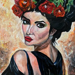A dark-haired woman with red roses in her hair and red lips looks over her shoulder; black dress, warm ocher background.