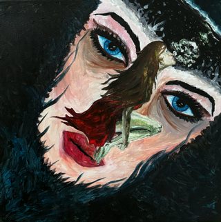 Close-up of a woman's tilted face with blue eyes and red lips; red, brown, and green forms on her nose.