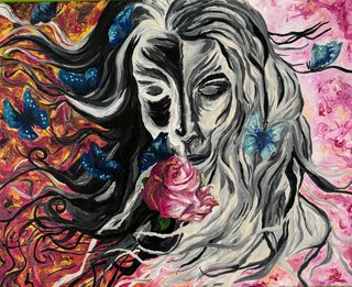A woman's face divided into dark and light halves, eyes closed, a pink rose at her mouth; blue butterflies.